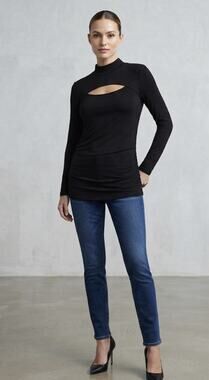Lynn Ritchie Silver Black Sexy Long Sleeve Cut Out Shirt Top XL Mock Neck